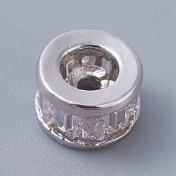 Platinum Brass Beads, with Clear Cubic Zirconia, Long-Lasting Plated, Column, Platinum, 6x3.5mm, Hole: 1.2mm