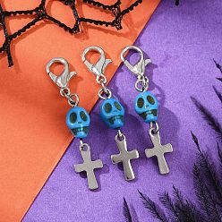 Озёрно--синий Украшения с подвесками в виде черепа из синтетической бирюзы, с застежками-лобстерами и 304 подвесками-крестиками из нержавеющей стали, Плут синий, 39.5 мм
