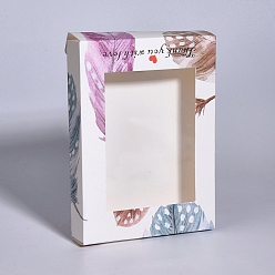 White Foldable Creative Kraft Paper Box, Paper Gift Box, with Clear Window, Rectangle with Feather Pattern, White, 14.6x10.5x2.6cm