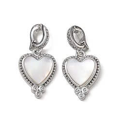 Platinum Brass Micro Pave Clear Cubic Zirconia Pendants, with Shell, Heart Charms, Platinum, 20mm, Hole: 3x4mm