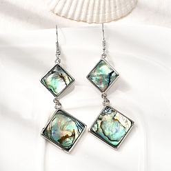 Rhombus Серьги-подвески из натуральной латунной раковины морского ушка, долговечный, стойки покрытие, платина, ромб, 70.5x24.5 мм