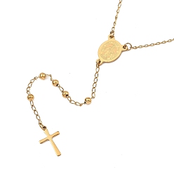 Золотой 304 религиозные бусы из нержавеющей стали с четками, с овалом со звеном девы марии и крестовыми подвесками, золотые, 23.62 дюйм (60 см)