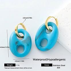 Deep Sky Blue Oval Resin Hoop Earrings for Women, with 304 Stainless Steel Ring, Deep Sky Blue, 40x29mm
