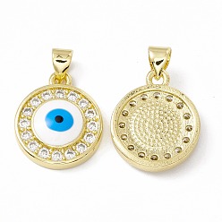 Real 18K Gold Plated Rack Plating Brass Micro Pave Clear Cubic Zirconia Pendants, with Enamel, Long-Lasting Plated, Cadmium Free & Lead Free, Flat Round with Evil Eye, Real 18K Gold Plated, 19x15.5x4.5mm, Hole: 4x3mm