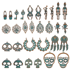 Mixed Shapes 30 шт 15 стили подвески из сплава, Хэллоуин, красная медь и зеленая патина, разнообразные, 26~61x9.5~27x2.5~8.5 мм, отверстие : 1.6~2.5 мм, 2 шт / стиль