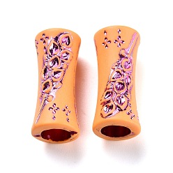 Violet Plastic Beads, Imitation Wood, Large Hole, For African Braid Reggae Hair Accessories, Tube with Flower, Violet, 28x12.5mm, Hole: 8mm