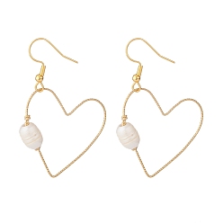 Golden Open Heart Dangle Earrings for Women, Wire Wrap Natural Pearl Beads Drop Earrings, Golden, 50mm, Pin: 0.7mm