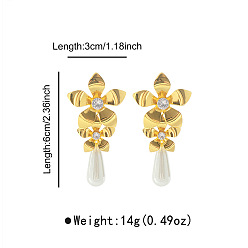 Golden Alloy & Rhinestone & Plastic Pearl Stud Dangle Earrings, Flower, Golden, 60x30mm