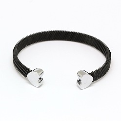 Gunmetal 304 Stainless Steel Mesh Bangles, Cuff Bangles, with Heart Head Findings, Gunmetal, 50~55x59~63mm