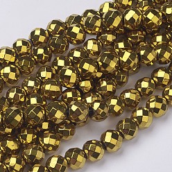 Золотистый Немагнитные синтетический гематит бисер пряди, вакуумное покрытие pvd, граненый (64 граней), круглые, с золотым покрытием, золотые, 10 мм, отверстие : 1 мм