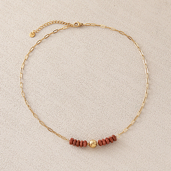 Golden Synthetic Goldstone Hexagon Heishi Beads & 304 Stainless Steel Paperclip Chain Necklaces for Women, Golden, 16.14 inch(41cm)