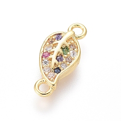 Golden Brass Micro Pave Cubic Zirconia Links connectors, Leaf, Colorful, Golden, 12.5x5.5x2mm, Hole: 1.2mm
