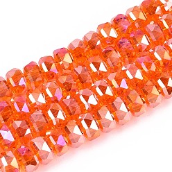 Коралловый Гальванизируйте прозрачное стекло бисер нитей, рондель, граненые, с покрытием AB цвета, коралл, 7.5~8x4.5~5.5 мм, отверстие : 1.2~1.4 мм, около 34~37 шт / нитка, 7.09~7.28 дюйм (18~18.5 см)