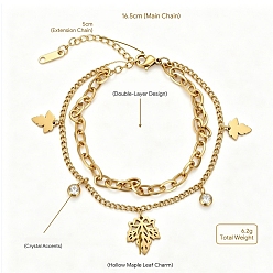 Leaf 304 Stainless Steel Crystal Rhinestone 2-Strand Bracelets, Golden, Leaf, 6.50 inch(16.5cm)