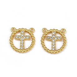 Настоящее золото 18K 304 из нержавеющей стали Кристалл Rhinestone подвески, ионное покрытие (ip), кольцо с крестиком-подвеской, реальный 18 k позолоченный, 15x15x2.5 мм, отверстие : 1 мм