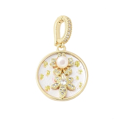 Белый Латунь эмаль подвески, с натуральным пресноводным жемчугом и застежкой из латуни с микропаве из кубических цирконий, плоская круглая с подвеской в виде цветка, белые, 22.5x20x5.5 мм, отверстие : 7.5x5 мм