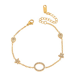 Mixed Shapes 304 браслеты из нержавеющей стали с микропаве из прозрачных кубических цирконий, браслеты-цепочки для женщин, цветок и слеза, 6.69 дюйм (17 см)