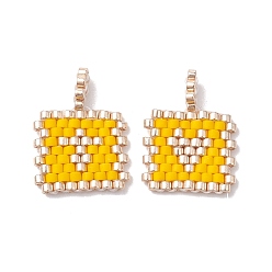 Gold 2Pcs Handmade MIYUKI Round Rocailles Seed Loom Pattern, Rectangle Pendants, Gold, 17.5x13.5x1.5mm, Hole: 1.2mm