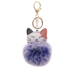 Королевский синий Женский брелок с помпоном из искусственного меха кролика, брелок с подвеской в виде кошки из искусственной кожи, королевский синий, 16x8 см