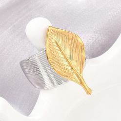 Goldenen und Edelstahl Farbe 304 Edelstahlmanschetten mit offenen Ringen, Blatt, Ionenbeschichtung (ip), goldenen und Edelstahl Farbe, us Größe 7 1/4 (17.5 mm)
