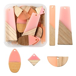 Pink 20Pcs 5 Style Resin & Wood Semi Circle Pendants, Half Round & Teardrop & Rhombus & Trapezoid & Rectangle, Pink, 14~52x7.5~28x3~4mm, Hole: 1.5~2mm, 4pcs/style