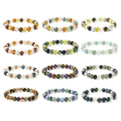 Mixed Stone 12Pcs 12 Styles Constellation Mixed Gemstone Round Beaded Stretch Bracelet Sets, Stackable Bracelets, Inner Diameter: 2-1/8 inch(5.5cm), 1pc/style