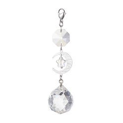 Луна Украшение из латунного кулона, стеклянная подвеска-капля/восьмиугольник и застежка-когти омара, платина, луна, 83 мм