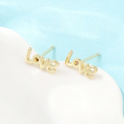 Real 18K Gold Plated Brass Stud Earrings, Word Love, Cadmium Free & Lead Free, Long-Lasting Plated, Rack Plating, Real 18K Gold Plated, 5x10.5mm