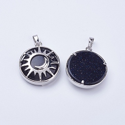 Blue Goldstone Synthetic Blue Goldstone Pendants, with Brass Findings, Flat Round with Sun & Moon, Platinum, 31x27.5x8mm, Hole: 5x7mm
