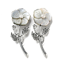 Белый Дым Брошь из сплава с цветком и ракушкой черного цвета, с пресноводным жемчугом, античное серебро, серый, 71.5x27x7 мм