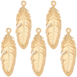Real 18K Gold Plated 10Pcs 304 Stainless Steel Feather Pendants, Ion Plating(IP), Real 18K Gold Plated, 46x15x2.5mm, Hole: 1.8mm