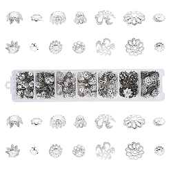 Platinum 755Pcs 7 Style Iron Bead Caps, Flower, Platinum, 5~10x1~4.4mm, Hole: 1~1.5mm