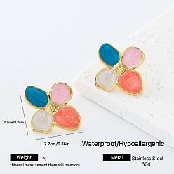 Flower 304 Stainless Steel Enamel Stud Earrings for Women, Golden, Flower, 22x22mm
