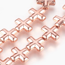 Rosé vergoldet Galvanischer nichtmagnetischer synthetischer Hämatit-Perlenstrang, Kreuz, rosé vergoldet, 12x12x4 mm, Bohrung: 0.8 mm, ca. 33 Stk. / Strang, 15.7 Zoll (40 cm)