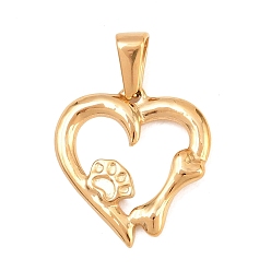 Doré  Pendentifs en acier inoxydable, placage sous vide pvd, breloques en forme de cœur avec os et empreinte de chien, or, 304mm, Trou: 21x20x2mm
