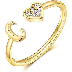 Letter C Регулируемые латунные кольца из манжеты из горного хрусталя, письмо и сердце, золотые, буква С, внутренний диаметр: 15~20 мм