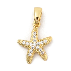 Морская звезда Подвески из листовой латуни с покрытием из прозрачного кубического циркония, без кадмия, без никеля и без свинца, реальный 18 k позолоченный, морские животные амулеты, морская звезда, 15.5x12.5x3 мм, отверстие : 5 мм