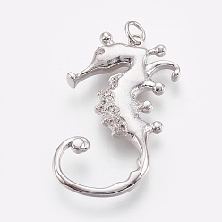 Платинированный Латунные микро проложить кубического циркония подвески, долговечный, морской конек, без свинца, без никеля и без кадмия, прозрачные, Реальная платина, 34x20x3 мм, отверстие : 4 мм