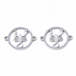 Scorpio Tarnish Resistant 201 Stainless Steel Links connectors, Constellations, Flat Round, Stainless Steel Color, Scorpio, 21x16x1mm, Hole: 1.4mm