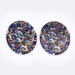 Colorful Printed Wooden Big Pendants, Dyed, Oval, Colorful, 63x50x2.5mm, Hole: 1.2mm