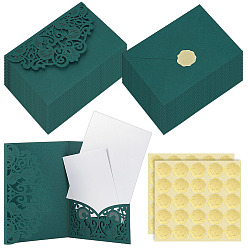 Green 20Pcs Blank Paper Envelopes, Rectangle, with 20 Bags Paper Laser-Cut Invitation Envelope with Insert Cards and 1 Sheet Picture Stickers, Green, 134x184x0.5mm