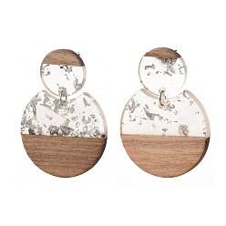 Silver Transparent Resin & Walnut Wood Dangle Stud Earrings, with Silver Foil, Steel Pin and plastic Ear Nuts, Flat Round, Silver, 49.5mm, Pin: 0.7mm