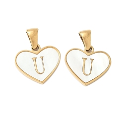Letter U 304 сердце из натуральной белой ракушки из нержавеющей стали с подвесками в виде инициалов, ионное покрытие (ip), золотые, Буква U, 14x16x2 мм, отверстие : 4.5x3 мм