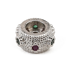 Platinum Brass Micro Pave Colorful Cubic Zirconia Beads, Flat Round, Rack Plating, Long-Lasting Plated, Cadmium Free & Lead Free, Platinum, 8x4.5mm, Hole: 1.5mm