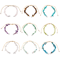 Nylon 9Pcs 9 Styles Natural Mixed Stone Chip Nylon Braided Beaded Bracelet Making, with Platinum Tone Brass Beads, 5-3/4~10-3/4 inch(14.6~27.3cm), 1pc/style