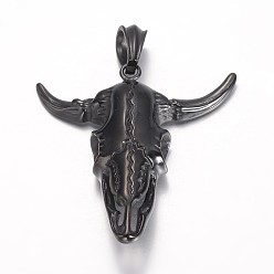 Черный Цвет Металла 304 из нержавеющей стали большие кулоны, головы быка, металлический черный , 60.5x60x15 мм, отверстие : 12x8 мм