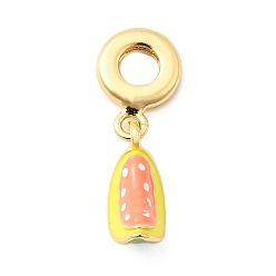 Настоящее золото 18K Латунные европейские подвески с подвесками, со светло-лососевой эмалью, Подвески с большими отверстиями, без кадмия и без свинца, дыня, реальный 18 k позолоченный, 27 мм, отверстие : 4.5 мм