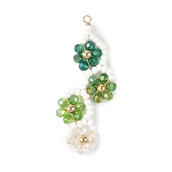 Green Baking Paint Glass Seed Beaded Big Pendants, Gradient Color Flower Vine Charms, with Glass Beads & Brass Beads & Copper Wire, Faceted, Green, 55.5x23x4.5mm, Hole: 2.5mm
