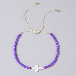 Сине-фиолетовый Стеклянные бусины и латунные плетеные браслеты из бисера, белые ракушечные крестообразные регулируемые браслеты, синий фиолетовый, 11 дюйм (28 см)