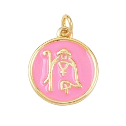 Pink Латунь эмаль подвески, с целью перехода в кольце, плоский круглый с религиозными амулетами, без свинца и без кадмия, долговечный, реальный 18 k позолоченный, стойки покрытие, розовые, 16.5x14x1.5 мм, отверстие : 2.5 мм